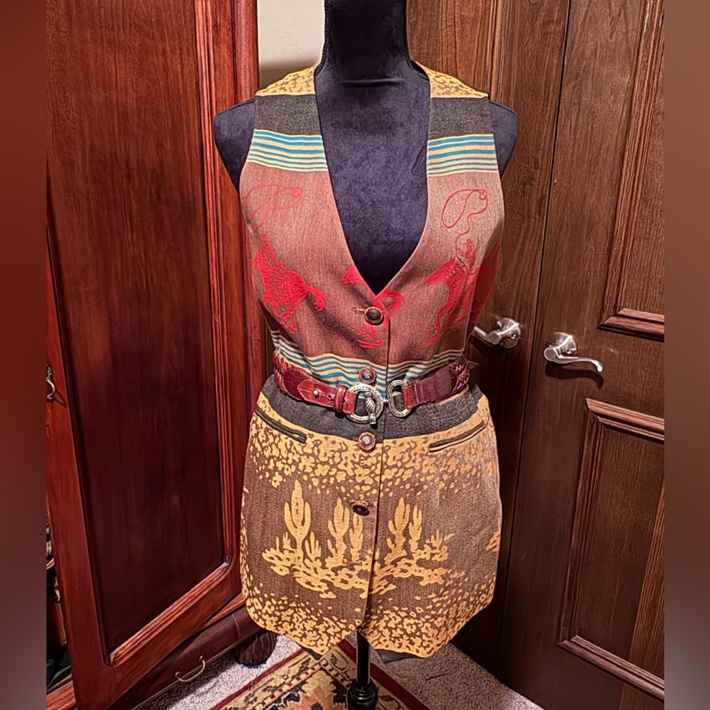 Patterned Southwestern Vest in Brown, Mustard & Red.  Belt not included.